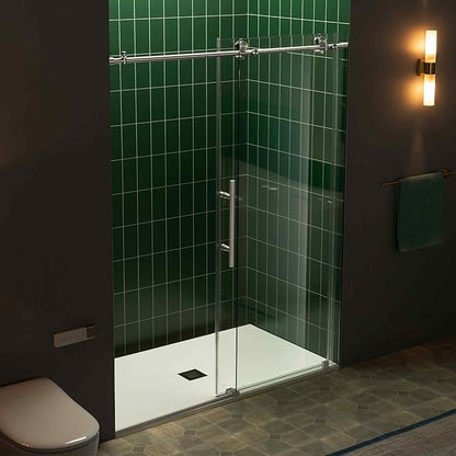 Woodbridge 56-60" W x 80" H Frameless Single Sliding Shower Door with Tempered Glass & Explosion Proof Film in Brushed Nickel Finish