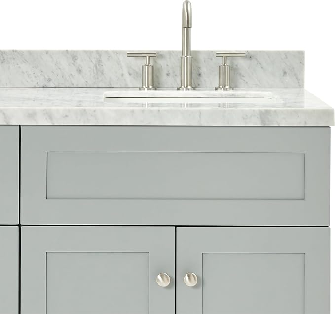 Bradford 66" Grey Double Bathroom Vanity with Sink, 1.5" Edge Italian Carrara Marble Countertop, Rectangular Undermount Sinks, 2 Soft Closing Doors, 3 Dovetail Drawers, Brushed Nickel