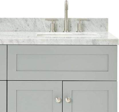 Bradford 66" Grey Double Bathroom Vanity with Sink, 1.5" Edge Italian Carrara Marble Countertop, Rectangular Undermount Sinks, 2 Soft Closing Doors, 3 Dovetail Drawers, Brushed Nickel