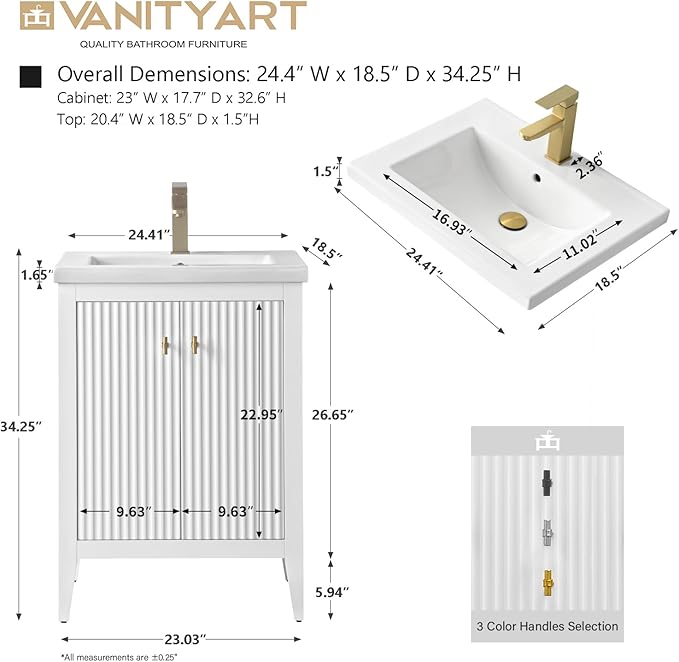 Vanity Art 24 inch Bathroom Vanity with Single Sink & Ceramic Top, Vanity Cabinet with Soft-Closing Door, Solid Wood Frame, Linear Pattern, White, Golden Brushed Handware VA9124-W-GB