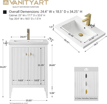 Vanity Art 24 inch Bathroom Vanity with Single Sink & Ceramic Top, Vanity Cabinet with Soft-Closing Door, Solid Wood Frame, Linear Pattern, White, VA9124-W-MB,Matte Black Handles