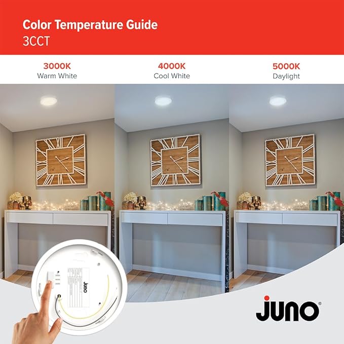 Juno Slim Basics 4 Inch LED Ceiling Light, Low Profile Surface Mount Downlight for Shower or Closet Lighting, 3000K/4000K/5000K Selectable White Light, Edged Trim, Wet Rated, Matte White