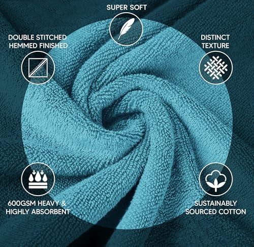 Luxury Towel Sets for Bathroom Set of 8-600 GSM 100% Cotton Ring Spun, Viscose Border Towels Bathroom Sets - Turquoise