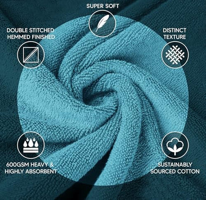 Luxury Towel Sets for Bathroom Set of 8-600 GSM 100% Cotton Ring Spun, Viscose Border Towels Bathroom Sets - Turquoise