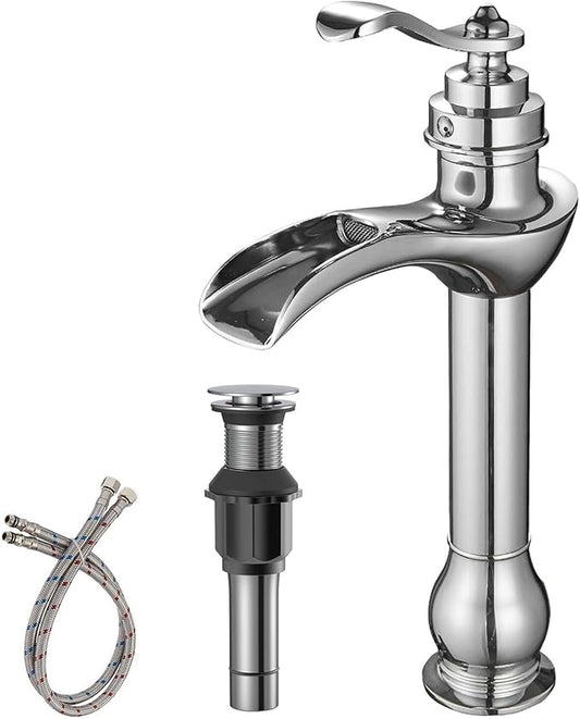 BWE Chrome Vessel Sink Faucet Waterfall with Pop Up Drain Assembly and Supply Hose Single-Handle Single Hole Bathroom Faucet Lavatory Mixer Tap Tall Body