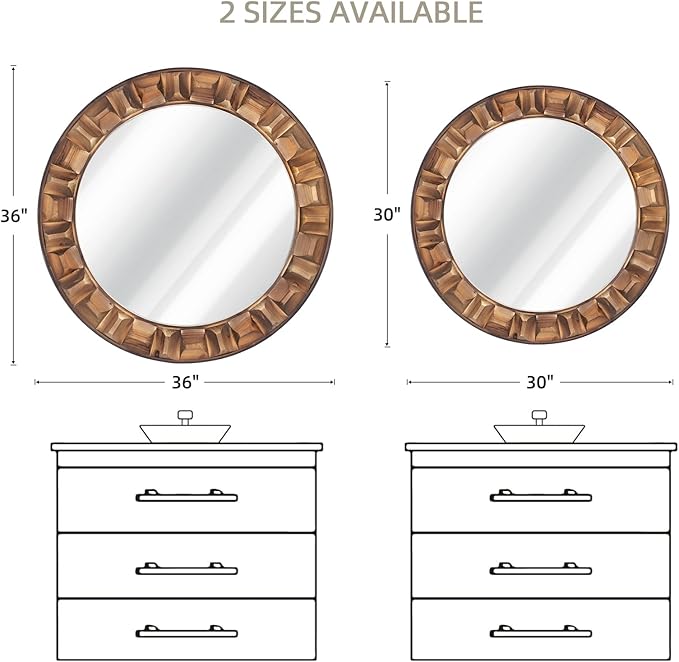 36 Inch Large Round Solid Wood Wall Mirror - Rustic Farmhouse Dark Brown Wooden Circle Mirror for Bathroom, Living Room, Entryway & Wall Decor