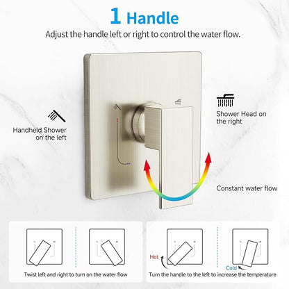 EMBATHER Shower System,10" Shower Faucet Set with Rain Shower Head and Handheld Spray Combo,Included Valve and Trim Kit,Brushed Nickel
