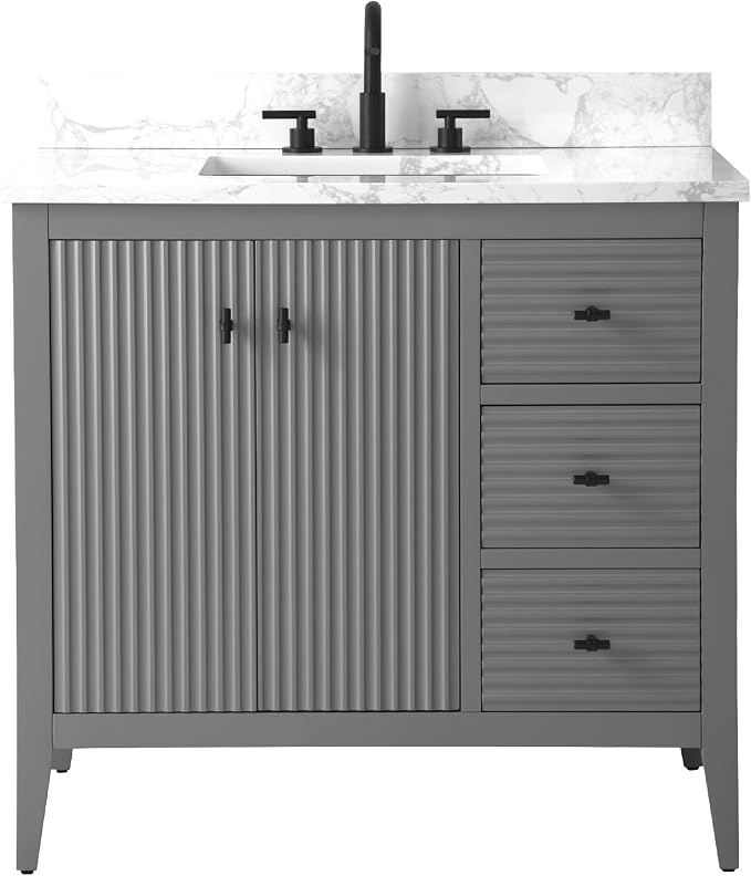 Vanity Art 36 inch Bathroom Vanity with Single Sink & Ceramic Top, Vanity Cabinet with Soft-Closing Door, Solid Wood Frame, Linear Pattern, Cashmere Gray, VA9136-G-MB,Matte Black Handles
