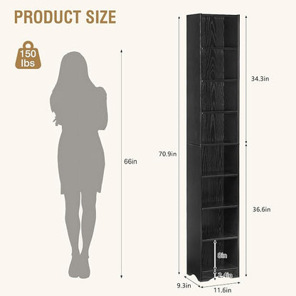 VECELO Tall Open Narrow Bookshelf, 6 Adjustable Movable Shelves, Wood Space Saving Corner Storage Rack for Small Spaces, Sleek Black