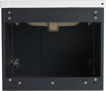 Malwee 24" Floating Bathroom Vanity with Sink, 24 Inch Single Sink Wall Mounted Bathroom Vanity, with 2 Doors and White Ceramic Basin Top, Black Cabinet Set with 3 Color Handles (081-24)