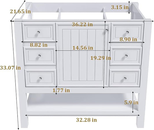 Montary 36" Bathroom Vanity Without Sink, Modern Stylish White Bathroom Storage Cabinet MDF, Freestanding Vanity with One Cabinet and Three Drawers, White (NOT Include Sink)