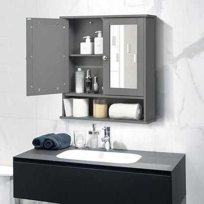 COSTWAY Bathroom Cabinet Wall Mount, Wooden Medicine Cabinet with 2 Mirror Doors, Adjustable Shelf, Open Compartment, for Laundry, Living Room, Kitchen, Gray