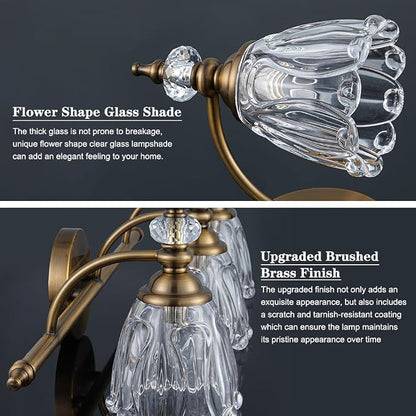 Brushed Gold Bathroom Vanity Light, Farmhouse Brass Bathroom Light Fixtures Over Mirror, 3 Light Vanity Lighting Fixtures, Flower Glass Shade Wall Sconce Lighting