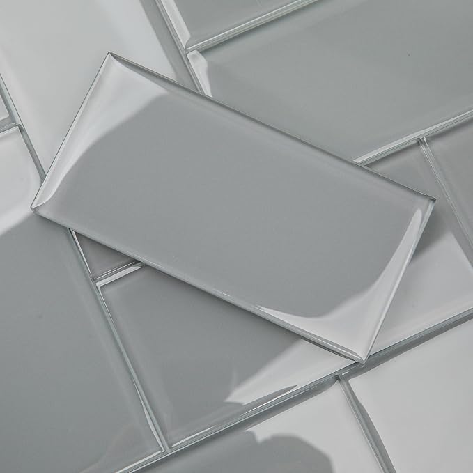 Grey Glass Subway Tile, Glass for Bathroom Kitchen Shower Backsplash Wall, 3 x 6 Inches, 4 Sq.Ft.