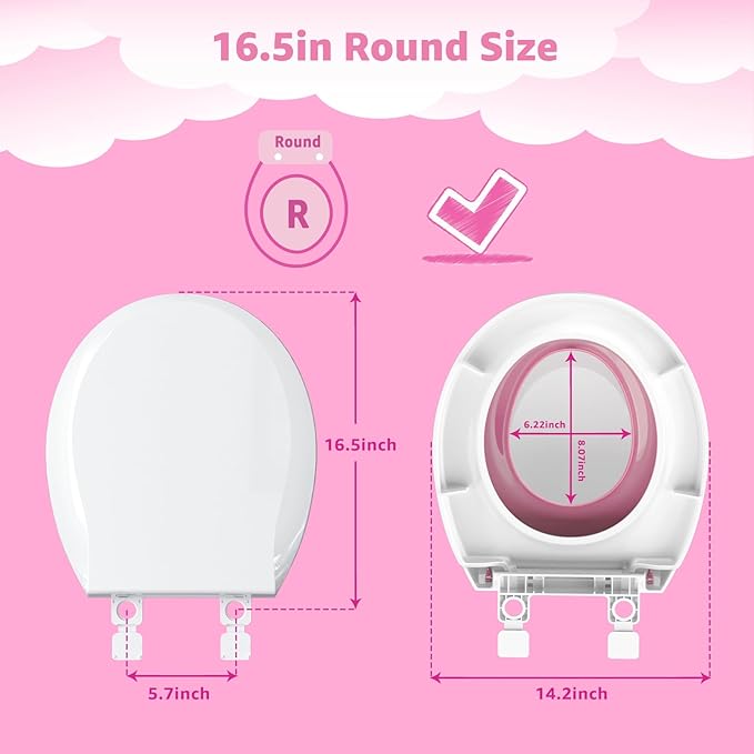 Potty Training Seat Built-in Toilet Seat, Round Toilet Seat 16.5inch with Baby Seat 2 in 1 Soft Close Quiet No Slapping, Magnetic Absorption, Easy Installation for Bottom Fixing Toilet，White and Pink
