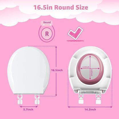 Potty Training Seat Built-in Toilet Seat, Round Toilet Seat 16.5inch with Baby Seat 2 in 1 Soft Close Quiet No Slapping, Magnetic Absorption, Easy Installation for Bottom Fixing Toilet，White and Pink