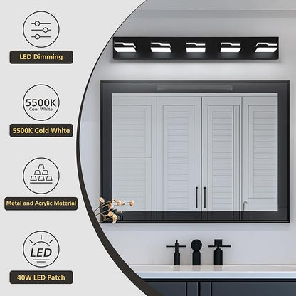 LED Modern Bathroom Vanity Light Fixtures 5-Light, 32 inch Dimmable Matte Black Vanity Lights for Bathroom Lighting Fixtures Over Mirror, with 350°Rotatable Acrylic Heads(White Light 5500K)