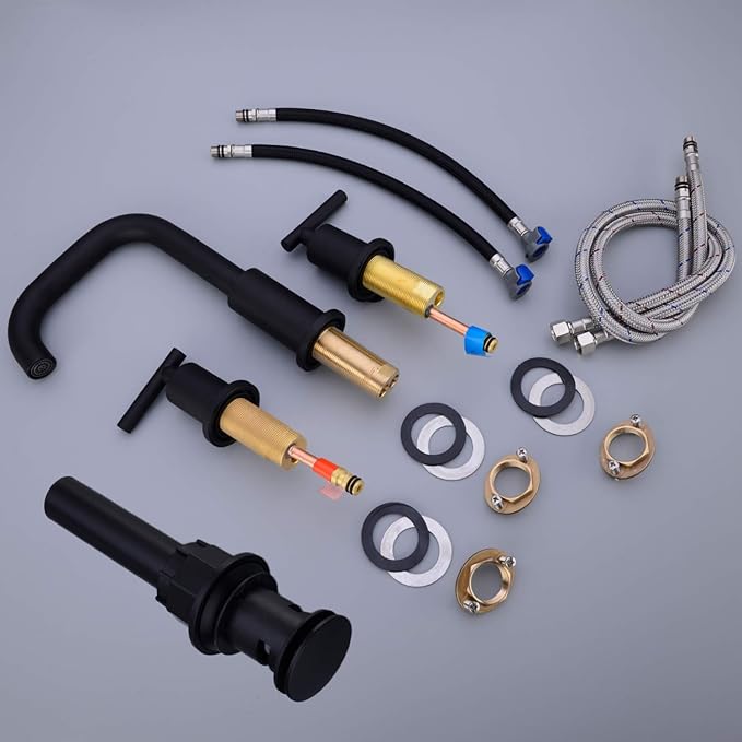 TRUSTMI 2-Handle 8 Inch Widespread Bathroom Sink Faucet, 3 Hole Brass Bathroom Faucet with cUPC Water Supply Lines and Pop Up Drain Assembly, Matte Black