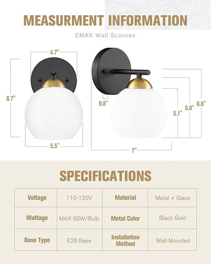 Emak Modern Sconces Wall Decor Set of 2, Black Gold Bathroom Vanity Light with Milk Glass Shade, Globe Wall Lamp for Living Room, Pictures, Bedroom, Bathroom, Hallway, WS114-BKBGD-ML-2PK