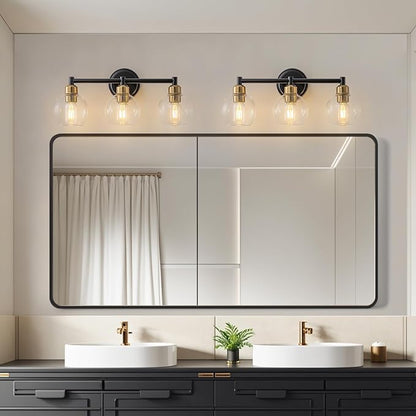 Bathroom Light Fixtures,3-Light Modern Bathroom Vanity Light,Black and Gold Wall Sconce with Clear Glass Globe Shades,Adjustable Brightness Wall Lights for Kitchen,Bedroom,Hallway,Living Room