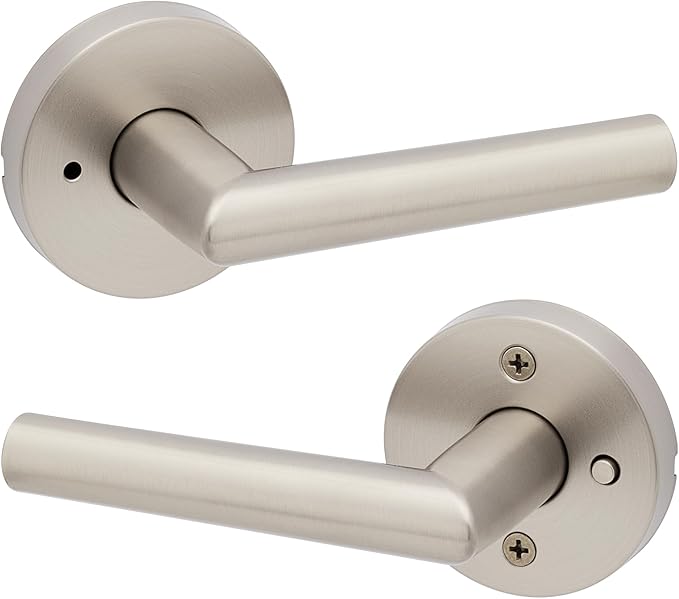 Kwikset Milan Interior Privacy Door Handle with Lock, Door Lever For Bathroom and Bedroom, Satin Nickel Reversible Keyless Push Button Lock Door Lever