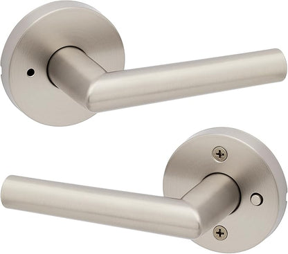 Kwikset Milan Interior Privacy Door Handle with Lock, Door Lever For Bathroom and Bedroom, Satin Nickel Reversible Keyless Push Button Lock Door Lever