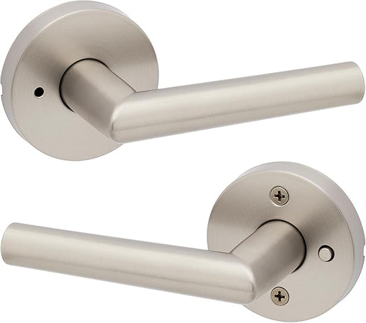Kwikset Milan Interior Privacy Door Handle with Lock, Door Lever For Bathroom and Bedroom, Satin Nickel Reversible Keyless Push Button Lock Door Lever