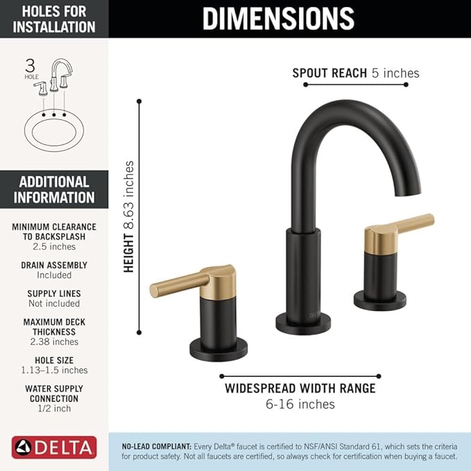 Delta Nicoli Matte Black/ Brushed Gold Faucet 3 Hole, 8 Inch Widespread Bathroom Sink Faucet for Vanity, Push-Pop Drain Assembly, Matte Black/ Champagne Bronze 35749LF-GZ