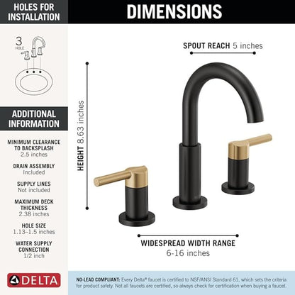 Delta Nicoli Matte Black/ Brushed Gold Faucet 3 Hole, 8 Inch Widespread Bathroom Sink Faucet for Vanity, Push-Pop Drain Assembly, Matte Black/ Champagne Bronze 35749LF-GZ