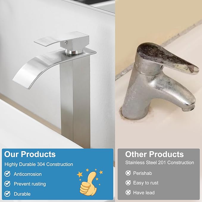 Comparison of modern and vintage-style faucets with product feature text overlay.