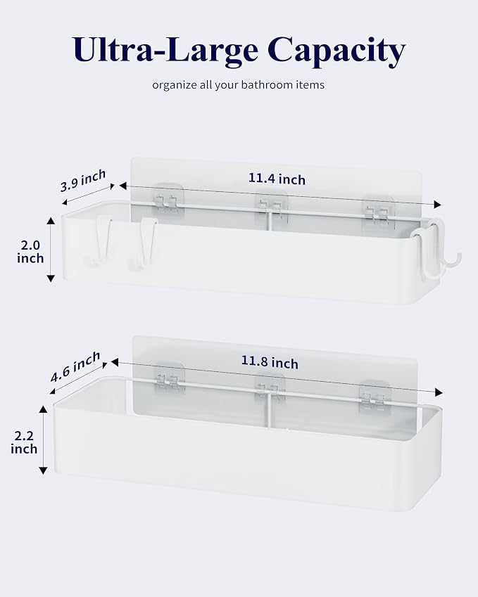 Kitsure Shower Caddy Adhesive, Stylish Shower Organizer, Large, White | 2 Pack Shower Shelf for Inside Shower, 100% Rustproof Metal Shelves, No-Drill Bathroom Organizers and Storage
