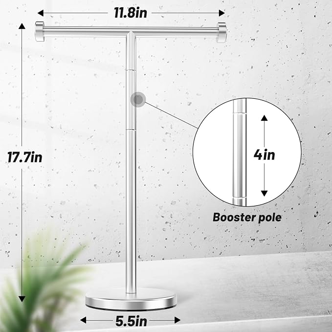 VEHHE T-Shape Hand Towel Holder Stand Height Adjustable Non-Slip-Silver | Height Adjustable 13.7"-17.7" | SUS304 Stainless Steel | Tool-Free Assembly | Removable Anti-Slip Knobs | Base 5.5"