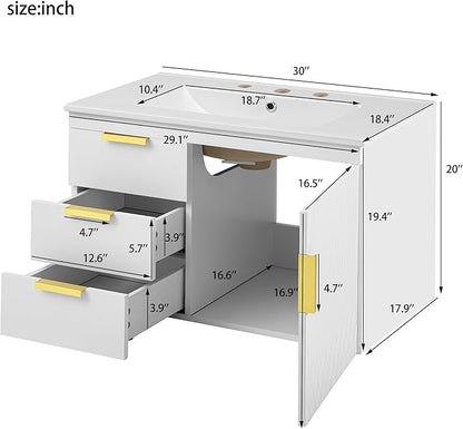 30 Inch Bathroom Vanity with Sink, Wall Mounted Bathroom Storage Cabinet with Soft Closing Door and 2 Drawers, Floating Bathroom Vanities with Decor Line