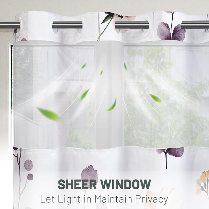 No Hook Floral Shower Curtain with Liner, Plum Flower, 71x74 | Snap in Liner, 3 in 1, Water Repellent, Easy Install, Machine Washable, Hotel Style for Bathroom, Watercolor Pattern