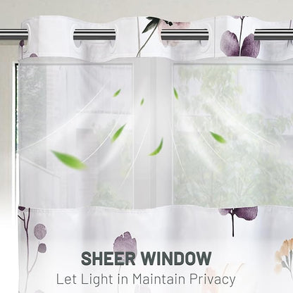 No Hook Floral Shower Curtain with Liner, Plum Flower, 71x74 | Snap in Liner, 3 in 1, Water Repellent, Easy Install, Machine Washable, Hotel Style for Bathroom, Watercolor Pattern