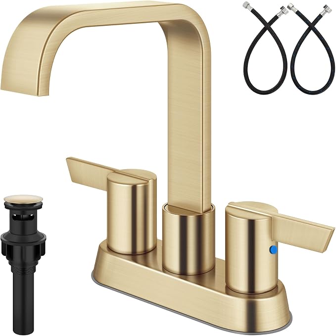 Brushed Gold Waterfall Bathroom Faucet 4 Inch Centerset,2-Handle | Stainless Steel 3-Hole Deck-Mount Design Includes Supply Lines and Pop-Up Drain for a Complete Vanity Installation