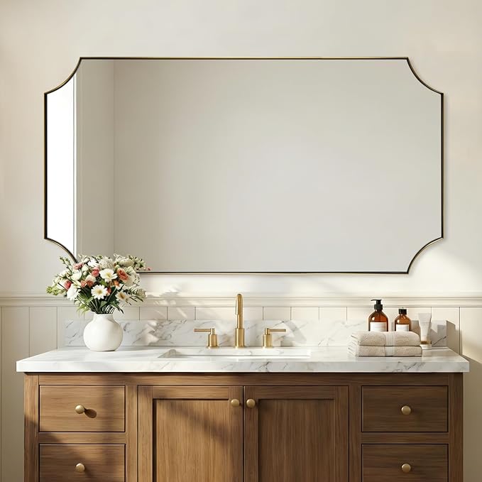 Scalloped 30"x55" Gold Mirrors for Bathroom Sink | Anti-Rust Stainless Steel Frame, Vertical & Horizontal Hang, Elegant Home Accent, Ideal for Large Bathroom & Powder Room