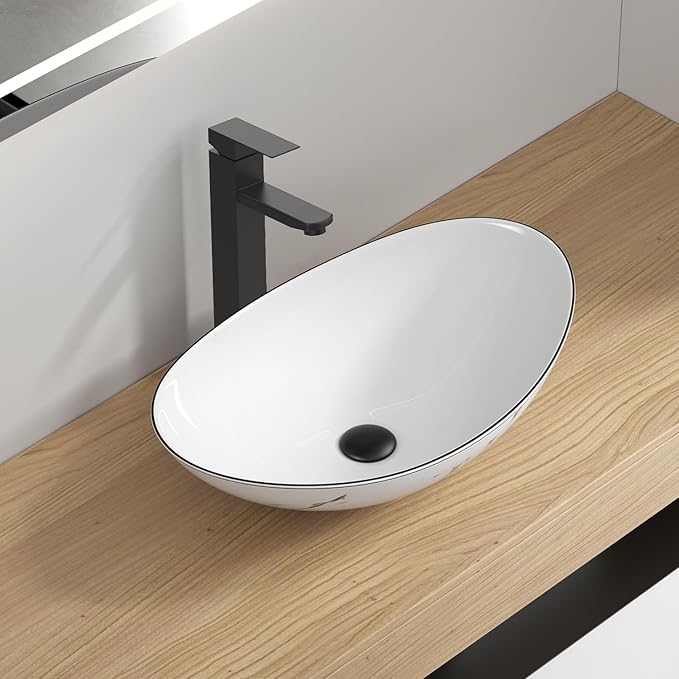 Ceramic Bathroom Sink, White Marble Boat Shape Above Counter Porcelain Vessel Sink with Black Faucet and Pop up drain Set