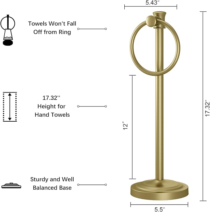 Hoimpro Hand Towel Holder Free Standing Towel Bar Brushed Gold | Hanging Floor Hand Towel Rack Ring, for Bathroom Kitchen Vanity Countertops, Hardware Accessories SUS 304 Heavy-Duty Base