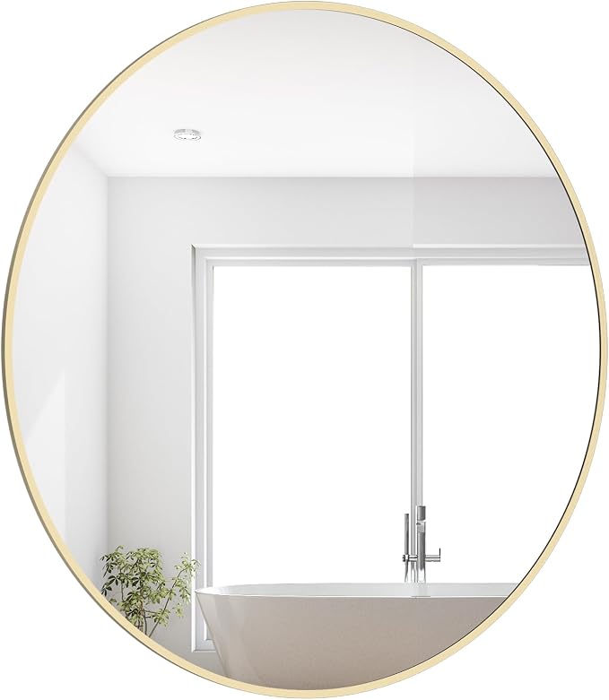 28 inch Round Mirror Gold Large Circle Wall Mirror for Bathroom with Metal Framed, Round Wall Mirror for Wall Decor, Vanity, Entryway Living Room