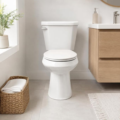 Compact 15.4 Inch Elongated Two Piece Toilet, Side Flush White Ceramic Bathroom Toilet with Soft Close Seat, 1.28 GPF Siphonic Flush, cUPC Certified, 12 Inch Rough-In