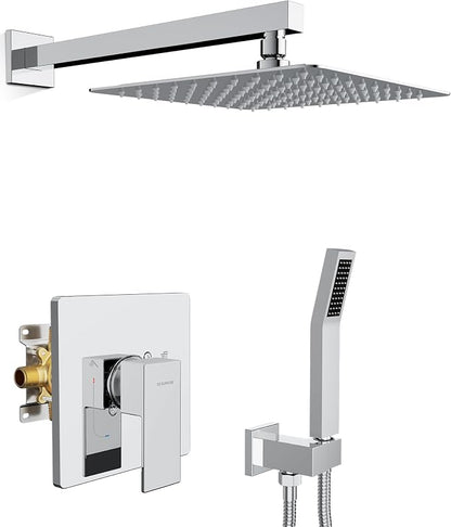 SR SUN RISE Shower Faucet Set & System - 10 Inch Rainfall Shower Head & Handle Set Wall Mounted Polished Chrome Solid Brass Valve Trim Kit Included