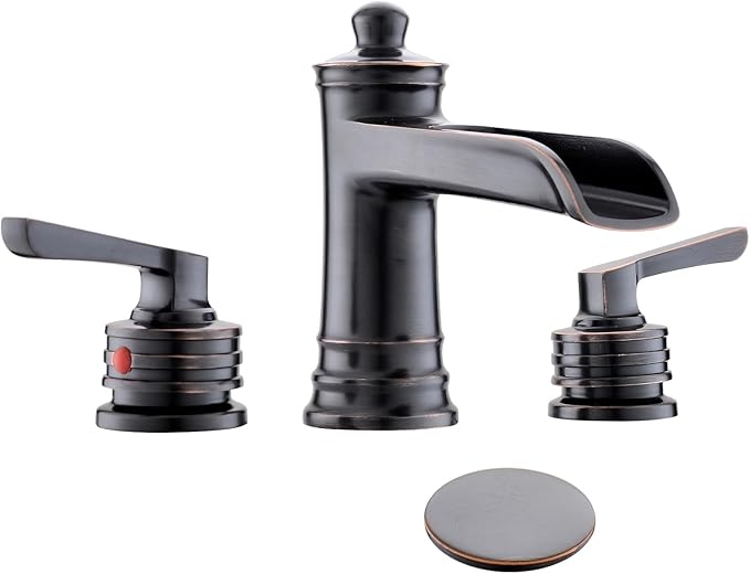 Fapully Oil Rubbed Bronze Bathroom Sink Faucet, Waterfall Bathroom Faucets 3 Hole, 8 Inch Widespread Bathroom Faucet with Pop-up Drain, 2-Handle Faucet for Bathroom Sink Vanity RV