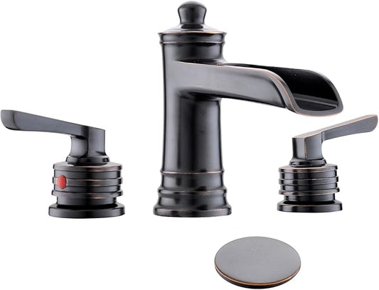 Fapully Oil Rubbed Bronze Bathroom Sink Faucet, Waterfall Bathroom Faucets 3 Hole, 8 Inch Widespread Bathroom Faucet with Pop-up Drain, 2-Handle Faucet for Bathroom Sink Vanity RV