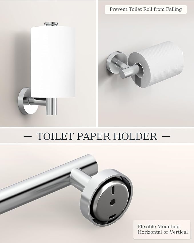 Chrome Bathroom Accessories Set SUS304 Stainless Steel 5 Pieces | Evolvegoods Bathroom Hardware Set, 26 Inch Bath Towel Bar Set, 2 Towel Hooks, Toilet Paper Holder, Towel Racks for Bathroom