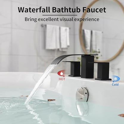 RUMOSE Roman Bathtub Faucet Set Waterfall Tub Faucets Matte Black | High Flow Widespread 6-16 Inch 3 Holes Deck Mount Tub Filler 2 Handles Bathtub Filler Soaking Bath Faucet