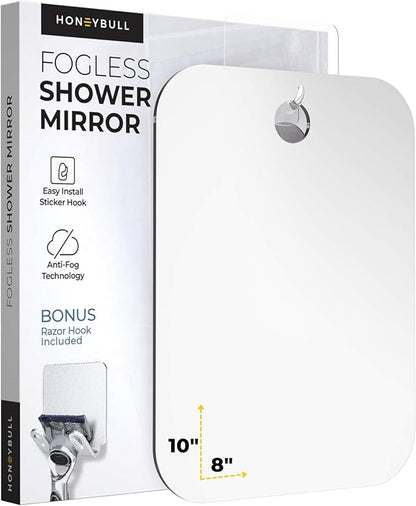 HONEYBULL Fogless Shower Mirror for Shaving – Anti-Fog Acrylic Mirror with Razor Holder, No-Drill Wall Mount, Flat Design for Steam Showers, Large 8x10in