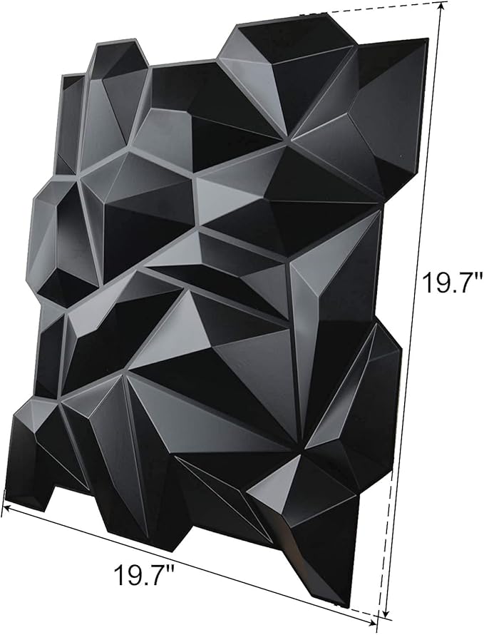 Art3d Decorative 3D Wall Panels 12 Pack 19.7" x 19.7" PVC 3D Diamond Wall Panel for Residential and Commercial Interior Decor, Jagged Matt Diamond Black