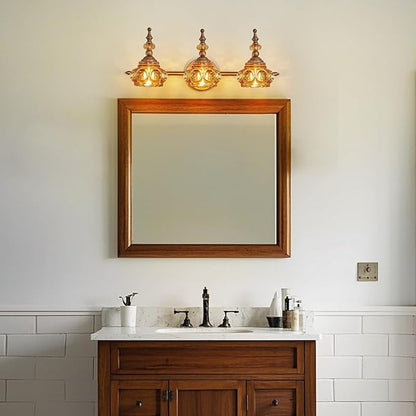 Vintage Bathroom Vanity Light Fixtures, 3-Light Brass Vanity Wall Light Over Mirror with Amber Glass Shade for Bathroom Bedroom Living Room