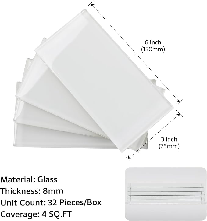 Glass Subway Tile, 3x6 Inch Glass Tile for Kitchen Backsplash Bathroom Shower Wall White (32 Pcs, 4 sq.ft)